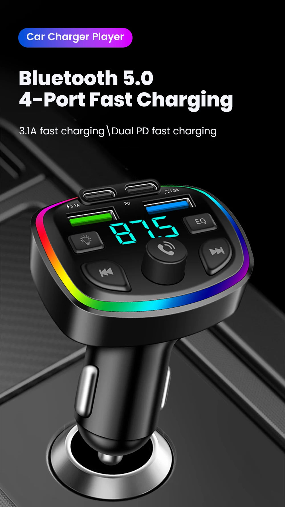Car Charger Wireless Bluetooth FM Transmitter Hands-Free Calling Radio Receiver Mp3 Music Stereo Adapter Dual USB Port Charger