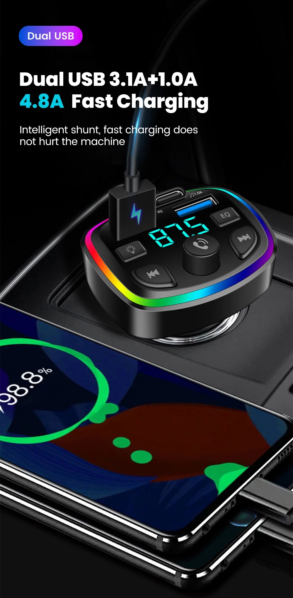 Car Charger Wireless Bluetooth FM Transmitter Hands-Free Calling Radio Receiver Mp3 Music Stereo Adapter Dual USB Port Charger