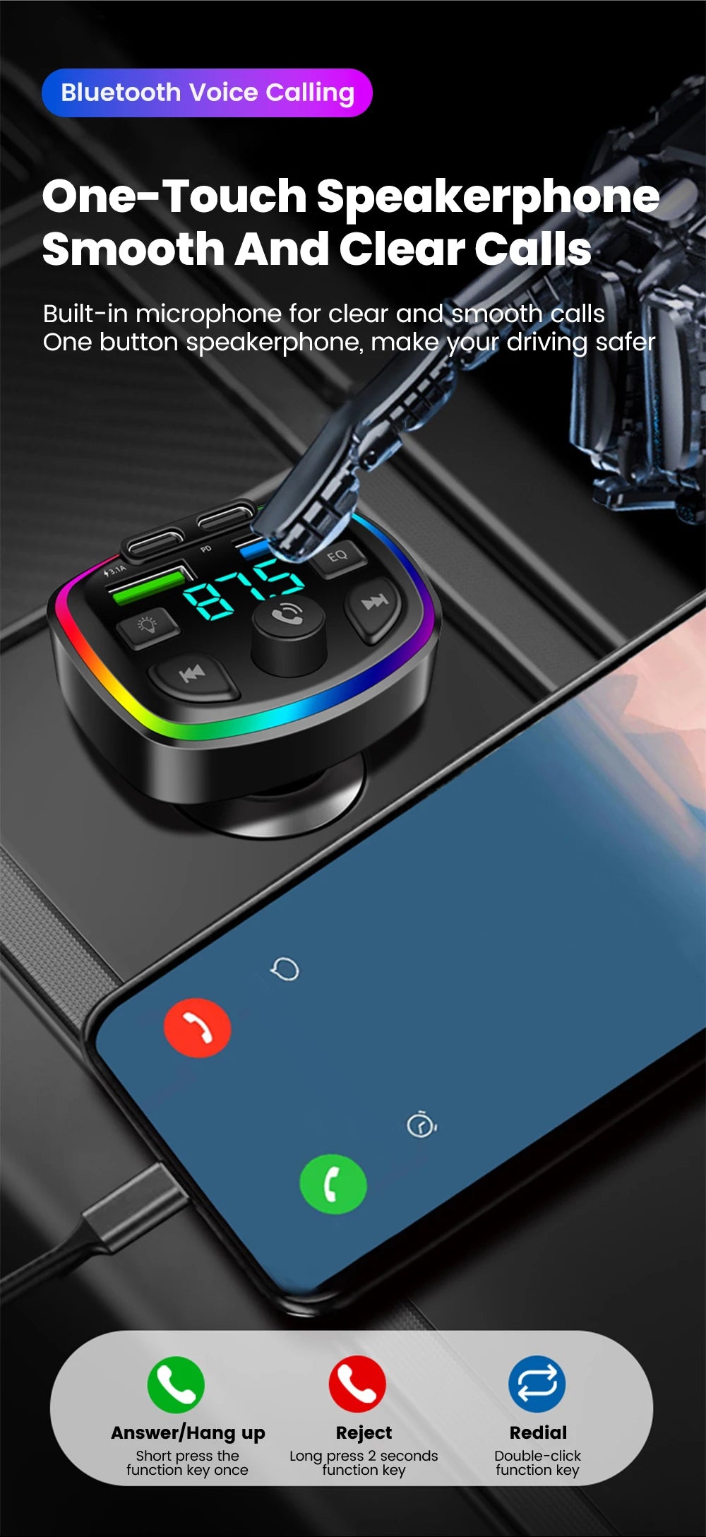 Car Charger Wireless Bluetooth FM Transmitter Hands-Free Calling Radio Receiver Mp3 Music Stereo Adapter Dual USB Port Charger