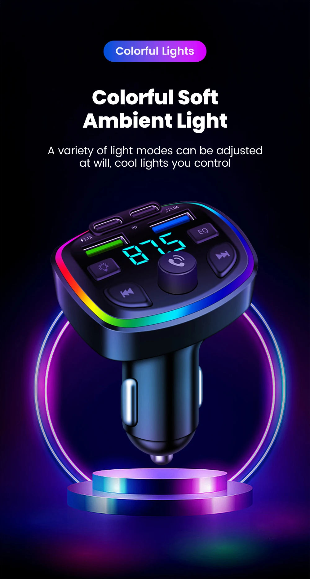 Car Charger Wireless Bluetooth FM Transmitter Hands-Free Calling Radio Receiver Mp3 Music Stereo Adapter Dual USB Port Charger
