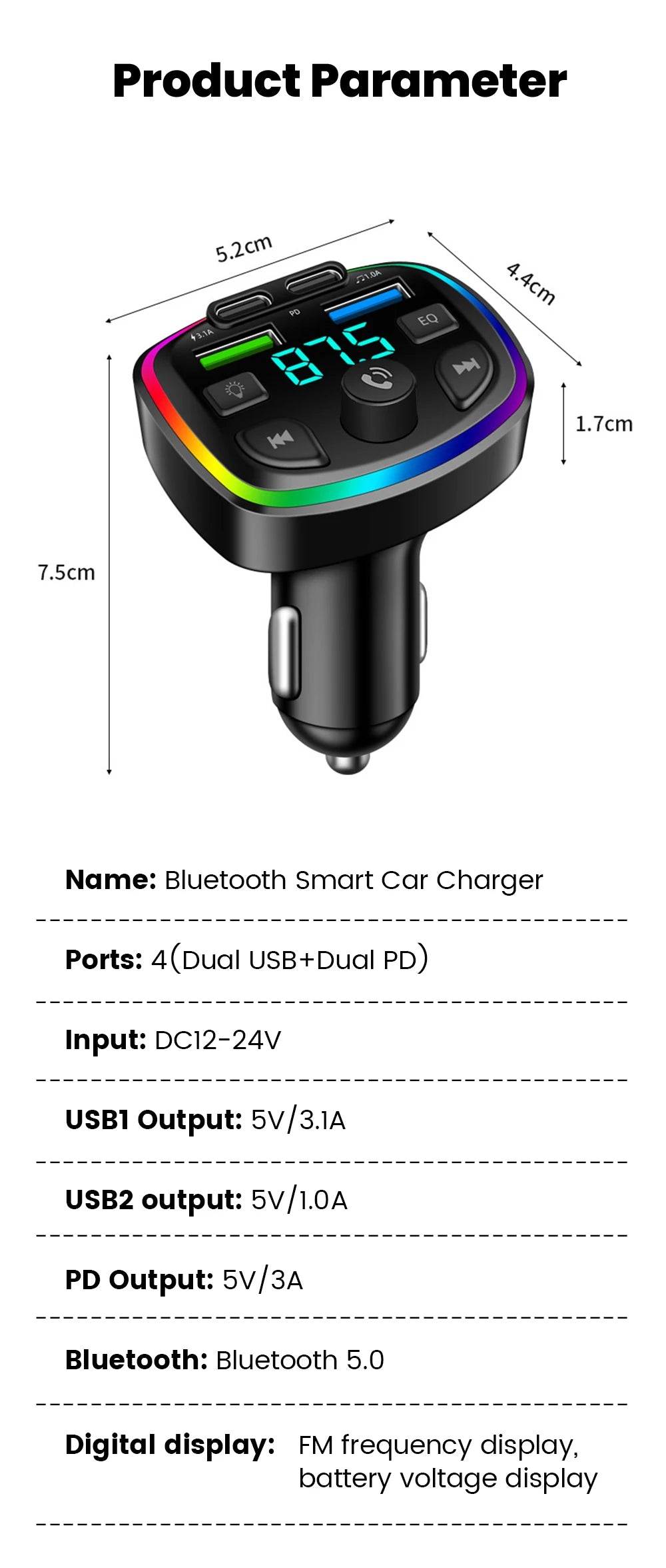 Car Charger Wireless Bluetooth FM Transmitter Hands-Free Calling Radio Receiver Mp3 Music Stereo Adapter Dual USB Port Charger