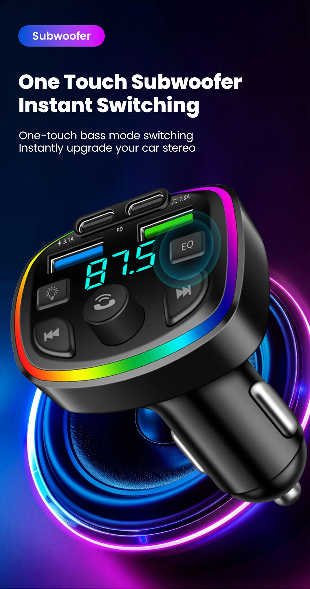Car Charger Wireless Bluetooth FM Transmitter Hands-Free Calling Radio Receiver Mp3 Music Stereo Adapter Dual USB Port Charger