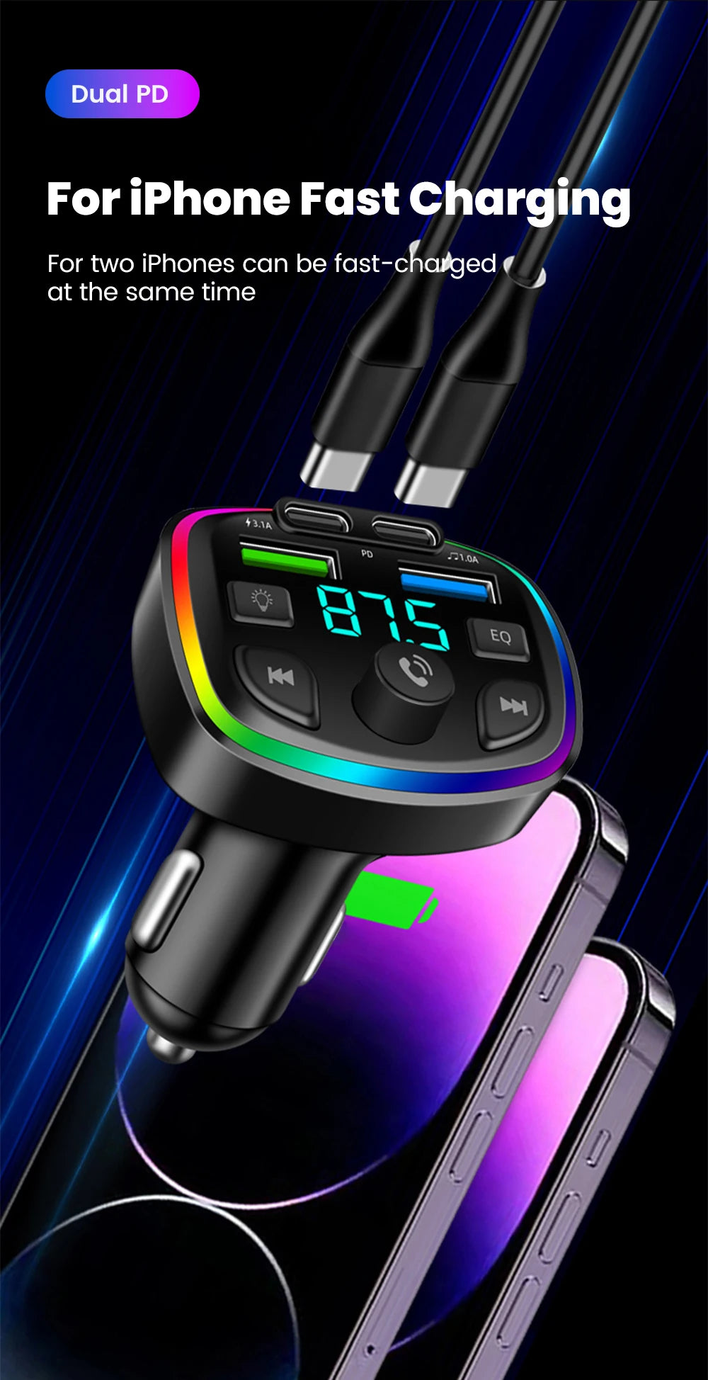 Car Charger Wireless Bluetooth FM Transmitter Hands-Free Calling Radio Receiver Mp3 Music Stereo Adapter Dual USB Port Charger